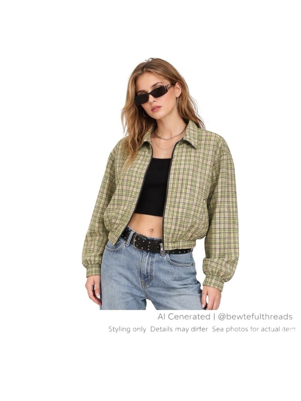 Y2K Street Style Green Plaid Cropped Bomber Jacket BDG M
